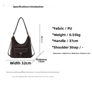 Detailed size specifications and material info for the PU vintage tote bag with dimensions