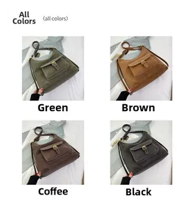 Macro detail of large retro shoulder bags in green, brown, coffee, and black matte leather