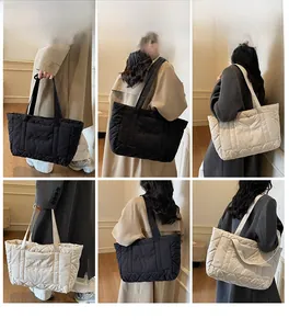 Detailed multi-angle views of quilted nylon tote bags in black and cream beige options
