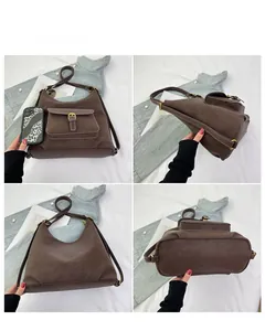 Detailed multi-angle views of a dark brown vintage hobo bag with contrast stitching