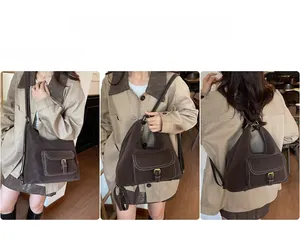 Three-way carry demonstration of vintage coffee tote bag as shoulder and backpack
