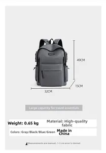 Front view of gray waterproof travel backpack with dimensions 49x32x15cm and large capacity