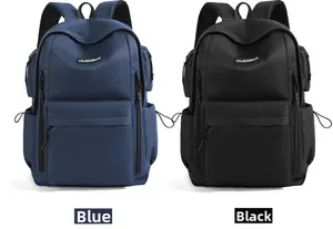 Dual view of black and blue waterproof nylon travel backpacks with multi-pocket design