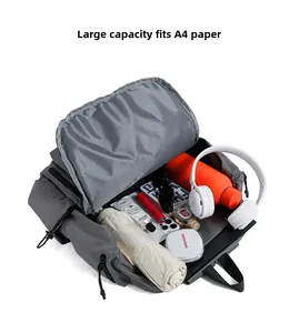 Macro view of large capacity backpack interior showing storage for A4 documents and laptop