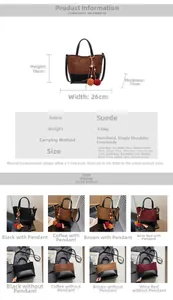 Size chart for suede composite handbag with dimensions and color swatches of the set