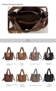 Detail of leather bucket bag showing internal zipper pouch and multiple color options