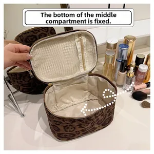 Vue détaillée de la trousse de maquillage léopard avec compartiment fixe et poche filet
