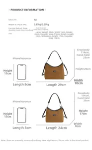 Size chart showing PU leather shoulder bag dimensions for large and small versions