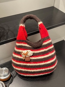 Vintage Handmade Knit Striped Handbag For Women Crochet Bucket Bag With Mushroom Charm Casual Versatile Cloth Tote Bag