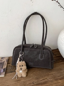 Vintage Women Shoulder Underarm Bag PU Leather Large Capacity Contrast Stitching Boston Handbag For Daily Work Travel With Plush Charm