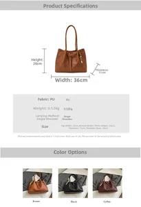 Size chart for woven PU leather tote bag detailing 36x26x11cm dimensions and shoulder strap