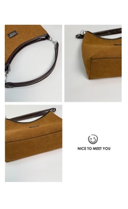 Detail shots of caramel suede leather bag showing shoulder strap and fine stitching work