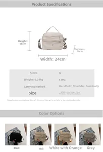 Detailed size specifications for canvas crossbody bag with compartments and strap lengths