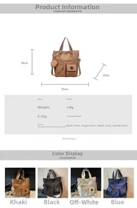 Detail view of large canvas tote bag showing dimensions and 4 color variants