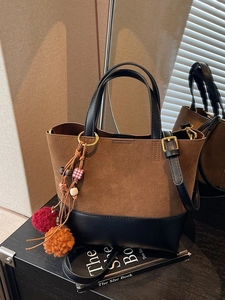 Vintage color-block tote bag in brown suede and black leather with ethnic charm