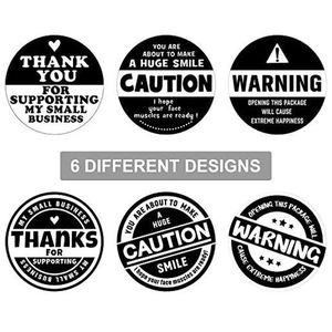Set of 6 black and white thank you and warning stickers for small business packaging