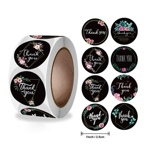 Rol zwarte Thank You stickers met bloemenpatroon, 8 botanische ontwerpen, 2,5cm
