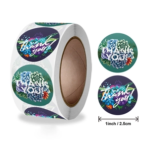 Rol Thank You stickers van 2,5 cm met aquarelontwerpen van vetplanten en bloemen