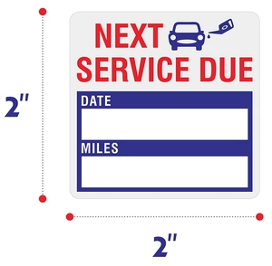 Detail showing 2x2 inch square car oil change reminder sticker with clear date and mile fields
