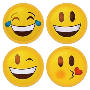 Set of four yellow round emoji stickers featuring laughing and winking facial expressions