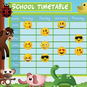 Kids daily schedule chart with cute animals and yellow smiley face reward stickers