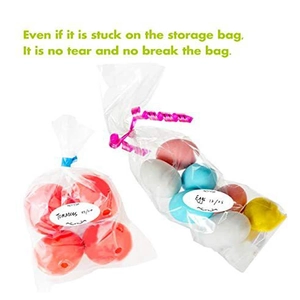 Waterproof food storage labels on transparent bags for kitchen organization and dating