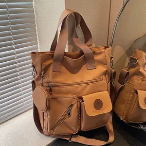 Women's Large Capacity Multi-Pocket Nylon Canvas Tote Bag Casual Crossbody Shoulder Bag With Small Coin Purse Pendant For Students Work Travel