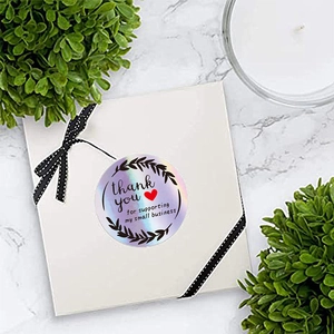 Holographic Thank You stickers for gift boxes with heart and small business support text
