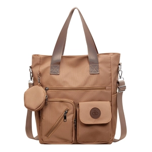 Large capacity brown tote bag with multiple zipper pockets and detachable coin purse