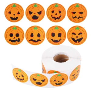 Halloween Pumpkin Face Stickers Multiple Patterns Jack-O'-Lantern Round Self-Adhesive Labels For Party Decor Gift Wrap