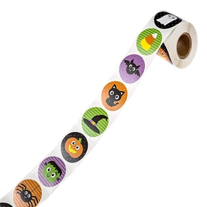 Roll of cartoon Halloween stickers featuring ghosts, pumpkins and bats on white background