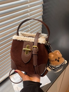 Women Vintage Suede Bucket Bag Fleece Trim Gold Lock Handbag With Bear Charm Winter Fashion Shoulder Crossbody Bag