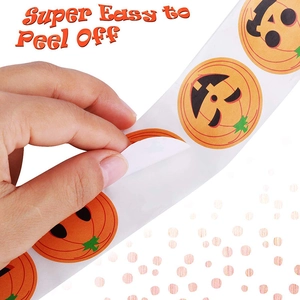 Halloween pumpkin sticker roll featuring 8 fun expressions on a round orange label