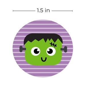 1.5 inch Halloween sticker featuring cartoon Frankenstein on a purple striped background
