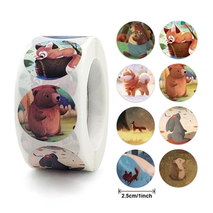 Roll of 1-inch forest animal Thank You stickers featuring cute bear and fox illustrations