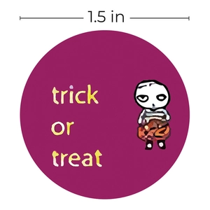 Round 1.5 inch Halloween stickers with cartoon skull design and Trick or Treat text