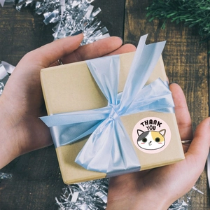 Cute calico cat Thank You sticker on brown gift box with blue ribbon and wooden background
