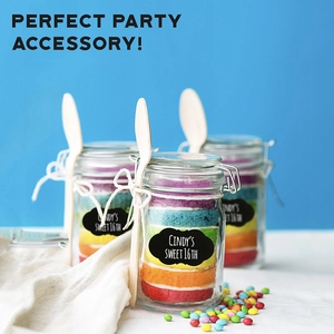 Waterproof PVC blackboard labels on glass jars with wooden spoons for party favors