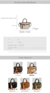 Detail diagram showing PU leather mini tote bag dimensions and various color options