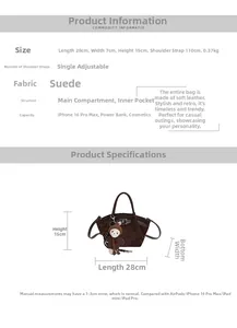 Detail specifications of brown suede bucket bag showing 28x7x15cm dimensions and strap