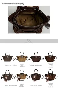 Detail view of suede handbag showing interior zipper pocket and multiple color options