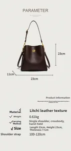 Detailed size specifications and dimensions for the dark brown lychee leather bucket bag