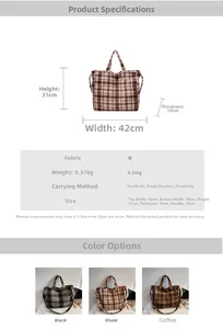 Guide des dimensions du grand sac cabas à carreaux montrant la hauteur et la largeur
