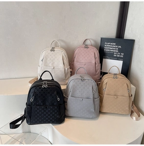 Detail view of stylish textured PU leather backpacks in five colors with embossed pattern