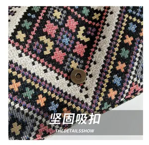 Detailed close-up of a woven tote bag showing geometric patterns and secure magnetic clasp