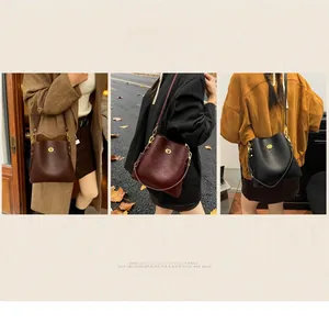 Lychee texture bucket bag showing crossbody and shoulder styles in three classic colors