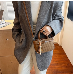 Brown checkered handbag with bead tassel shown on a shoulder in a casual outfit view