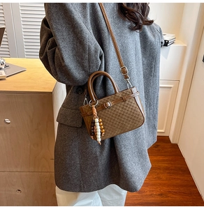 Detail of vintage brown checkered handbag with metallic buckle and beaded pendant