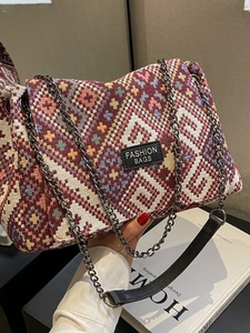 Vintage Bohemian Geometric Knit Crossbody Bag For Women Canvas Tote Bag Ethnic Style Fashion Shoulder Bag With Chain Strap