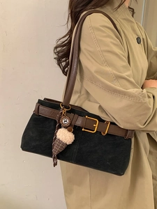 Retro black suede baguette bag with brown leather straps and plaid ice cream charm